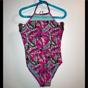 George halter tropical print crochet detail swim